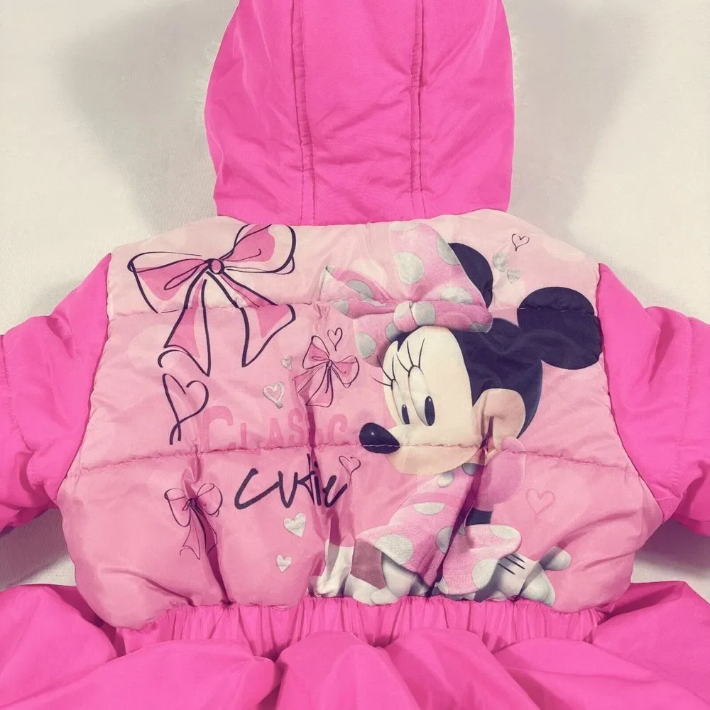 Disney Minnie Puffer Jacker Girl Size 4T‎ Pink Hooded Long Sleeve Full Zipper